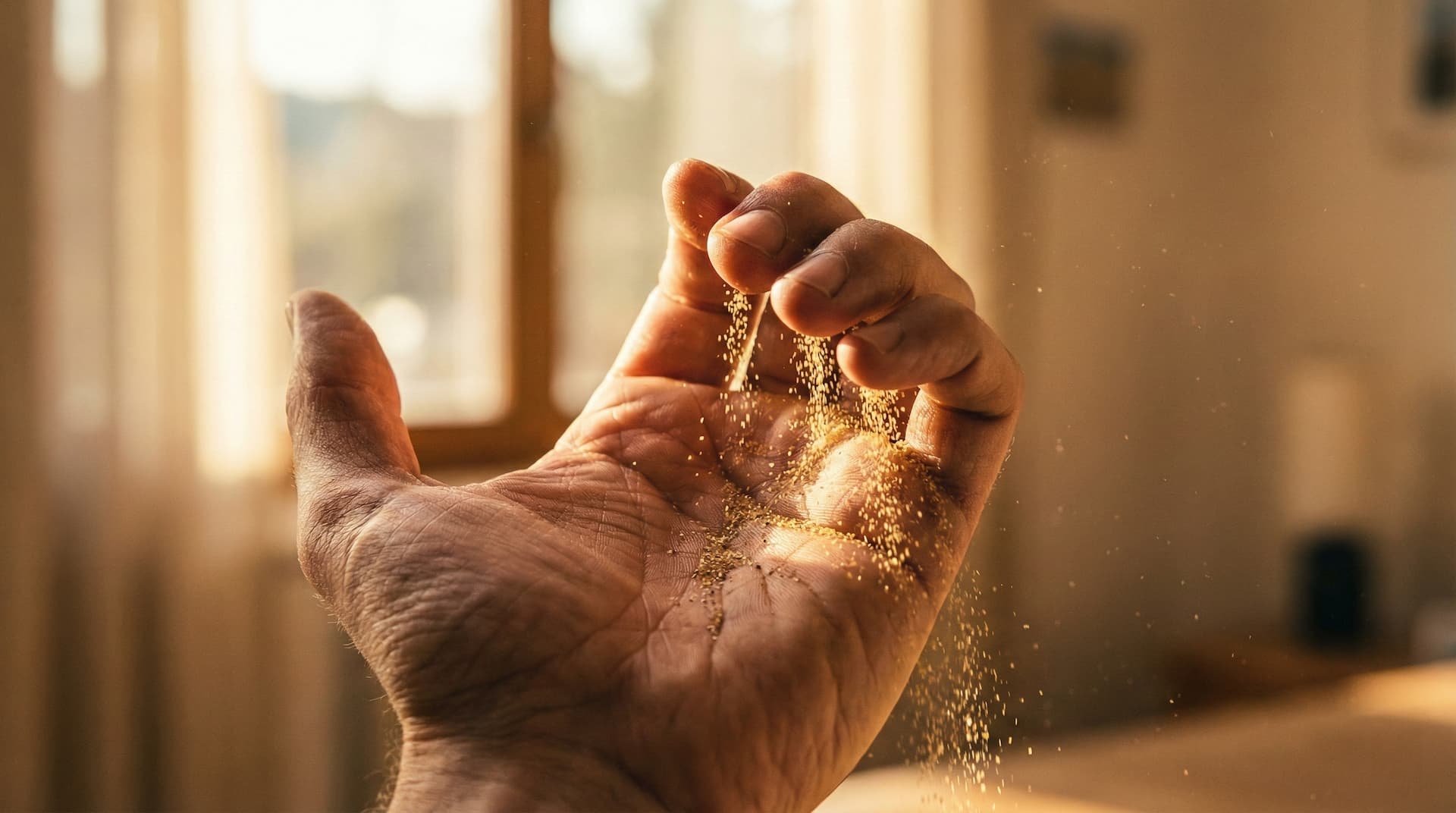 a man's hand with sand falling from it