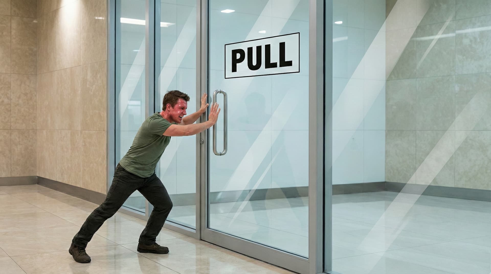 A man pushing a door