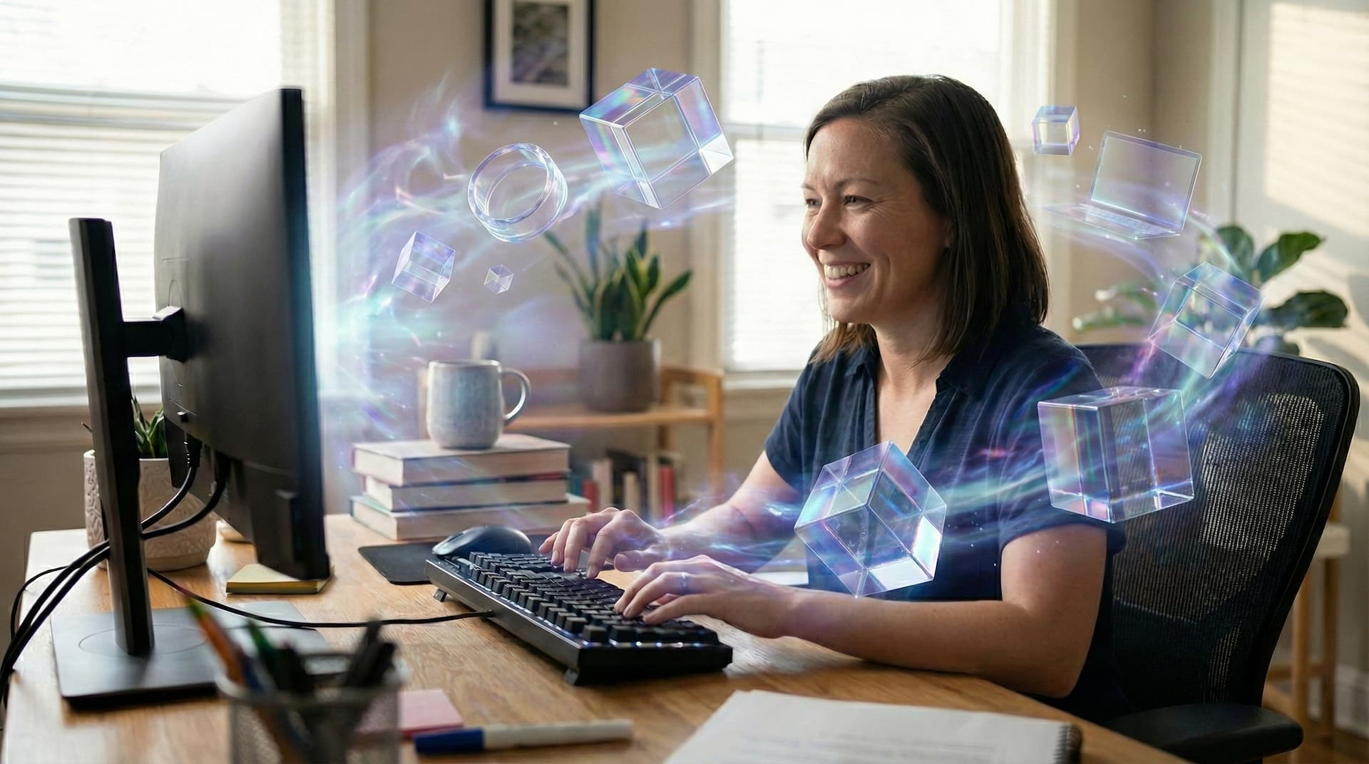 happy woman in front of computer keyboard
